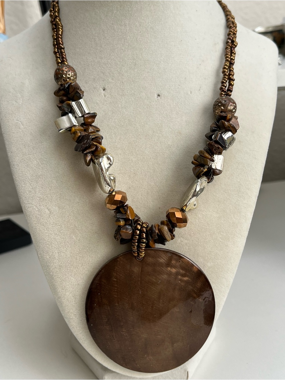 Mother of pearl dyed brown pendant seed bead necklace 24”